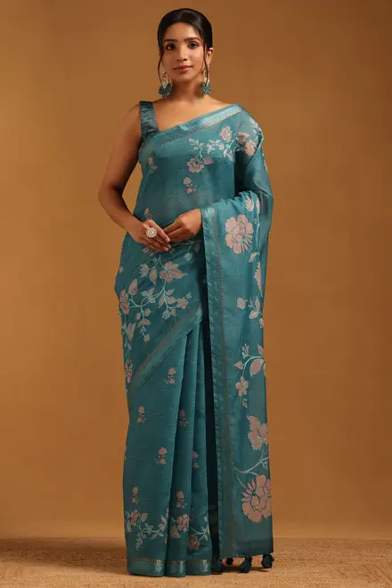 Turquoise Blue Poly Silk Floral Saree